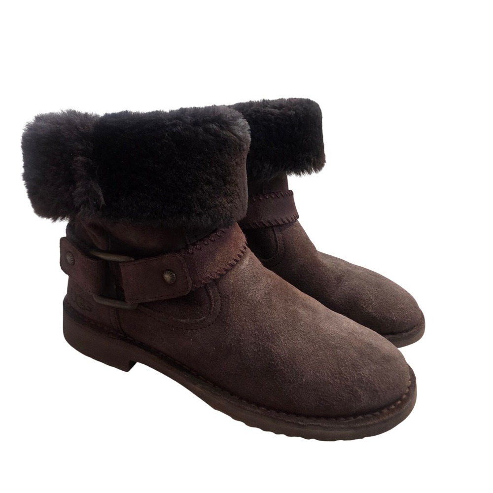 UGG Australia Women 9.5 Brown Suede Shearling Buckle Moto Boots 1005662